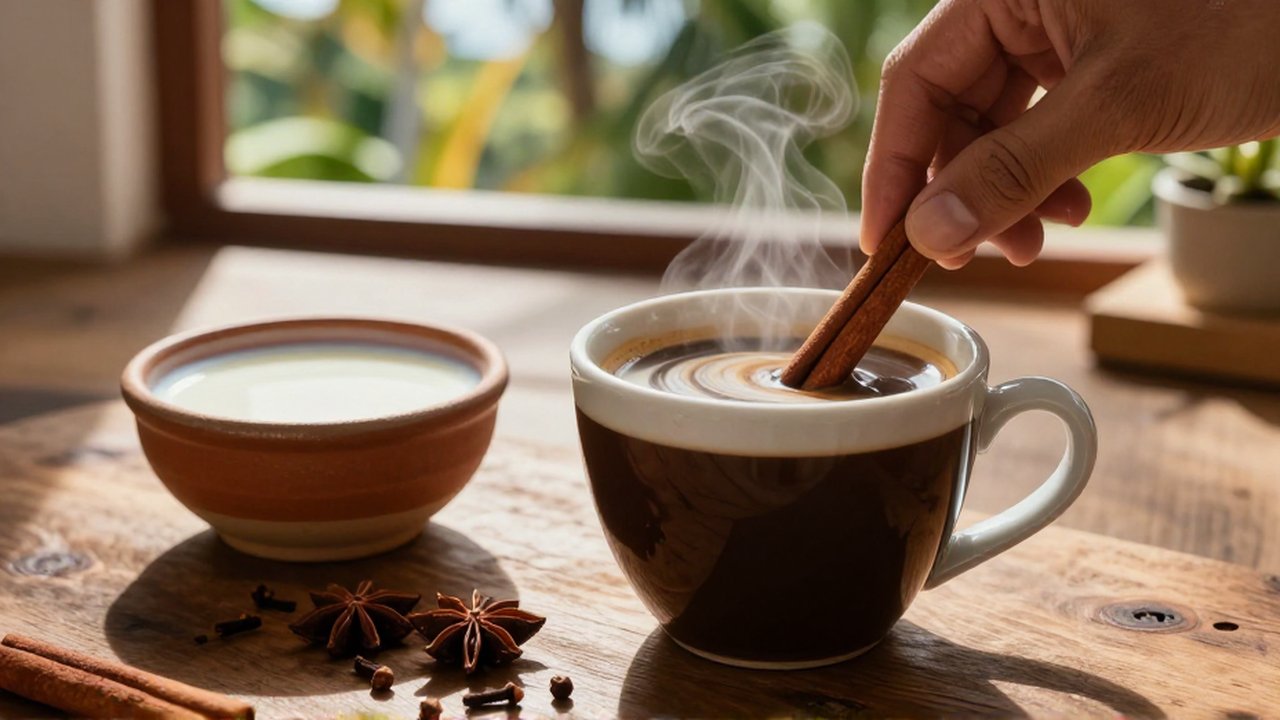 A hand stirs a cinnamon stick into a steaming cup of dark coffee on a wooden table.