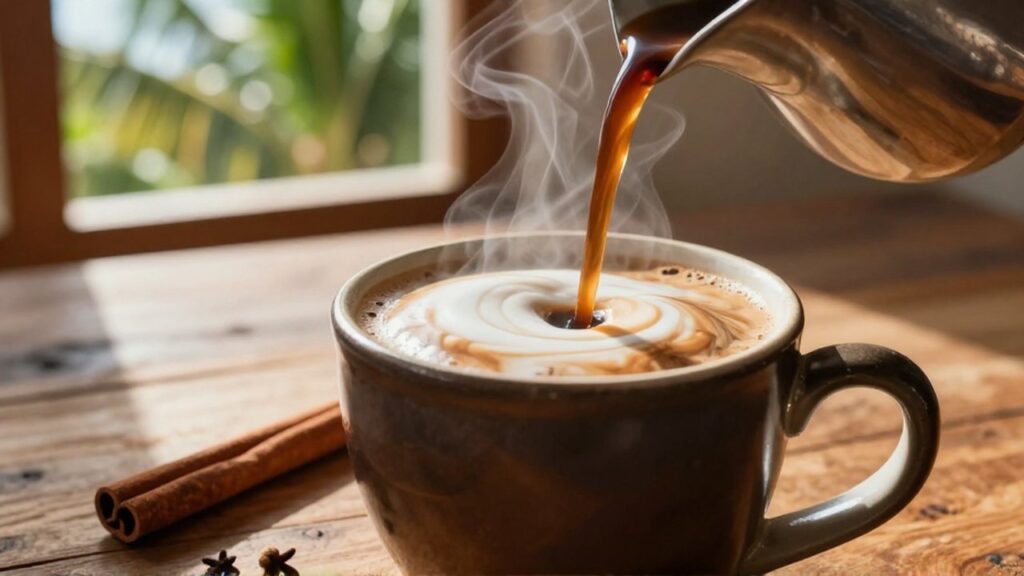 Dark coffee with creamy milk swirls is poured into a ceramic mug on a wooden table.