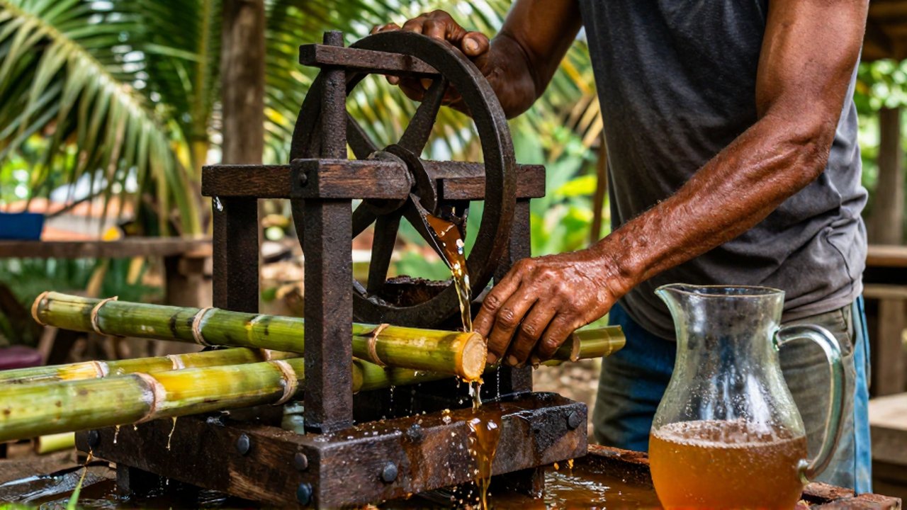 A farmer uses a manual iron press to extract amber juice from green sugarcane stalks.