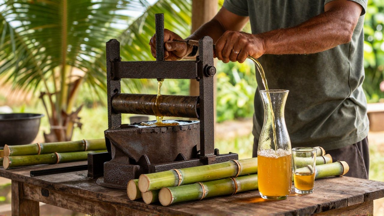 A person uses a manual iron press to extract golden juice from fresh sugarcane stalks.