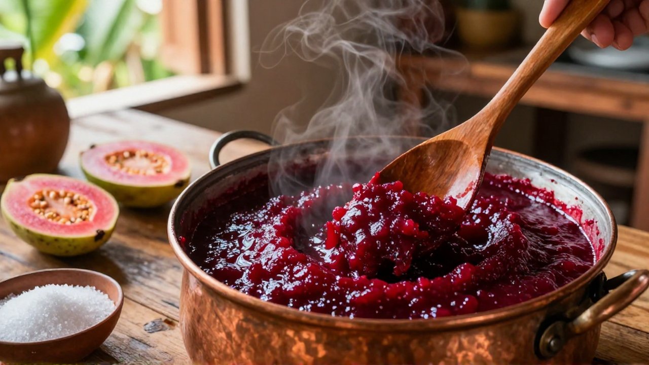 A wooden spoon stirs thick, ruby-red guava paste inside a simmering copper pot.