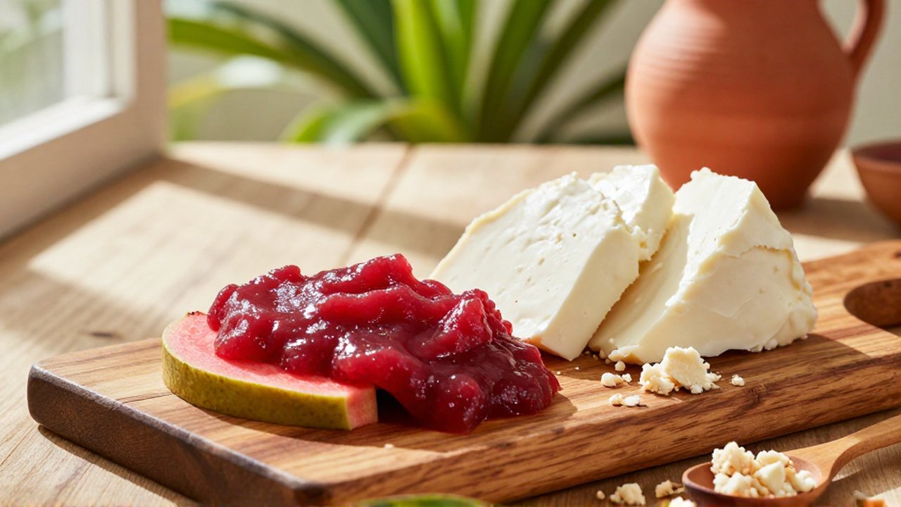 Slices of ruby-red guava paste and wedges of white cheese rest on a rustic wooden board.