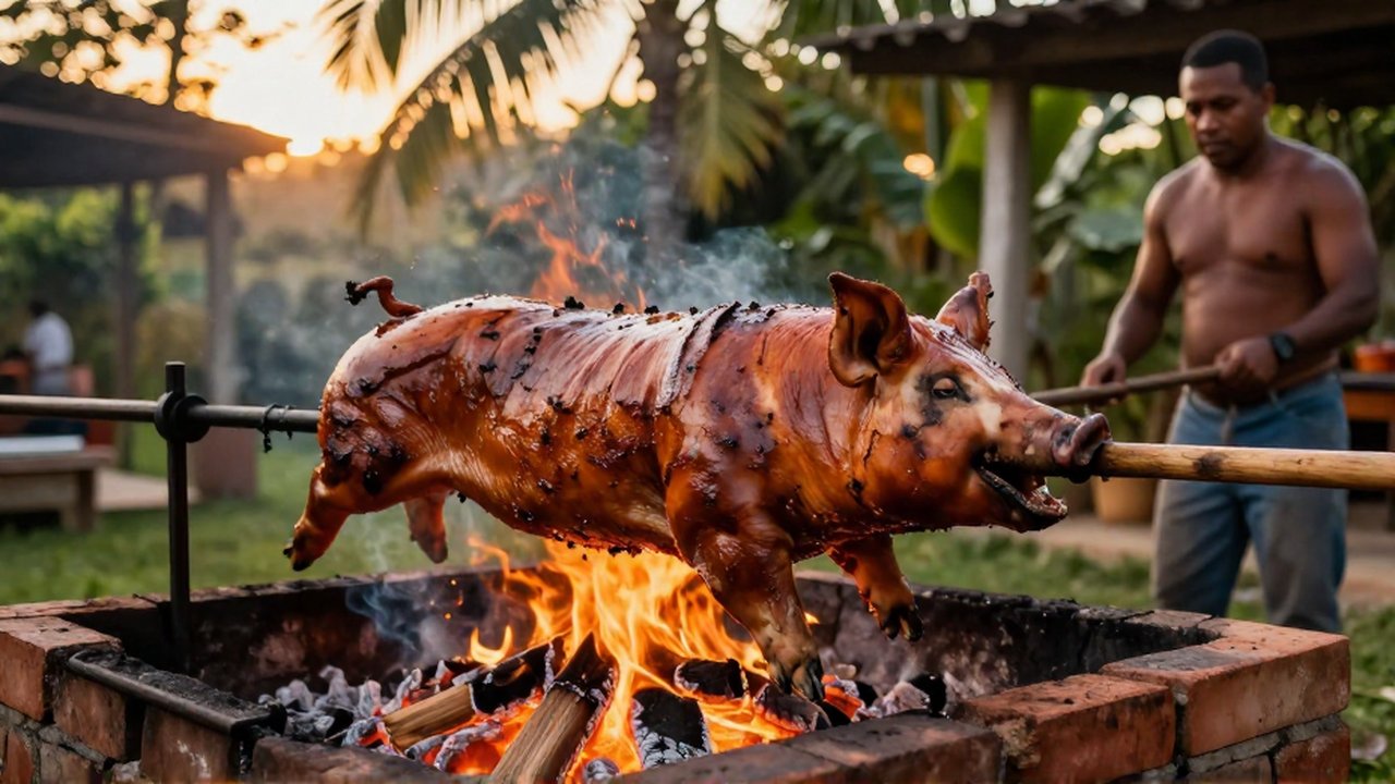 A pitmaster uses a wooden stick to adjust glowing embers under a whole pig roasting on a spit.
