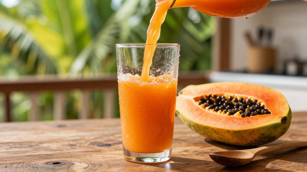 Thick orange papaya juice is poured into a chilled glass next to a sliced ripe papaya on a wooden table.