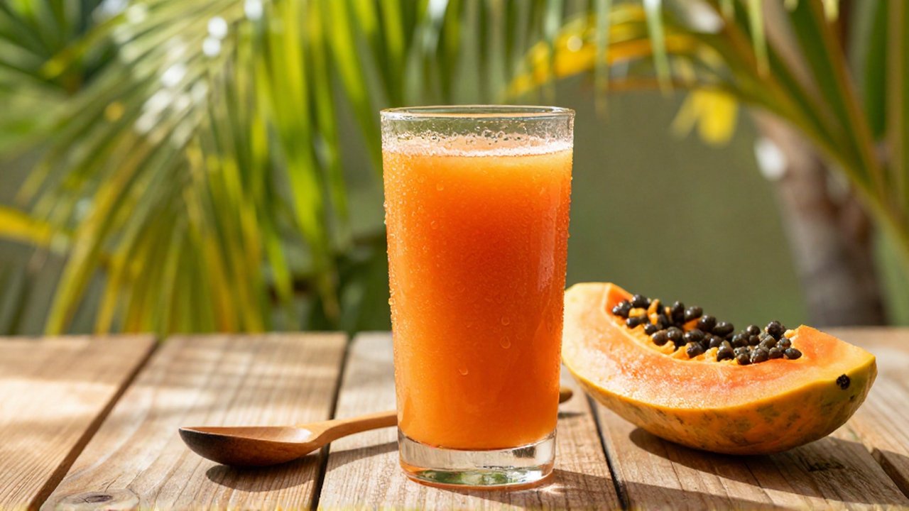 A chilled glass of papaya juice sits next to a fresh slice on a wooden table.