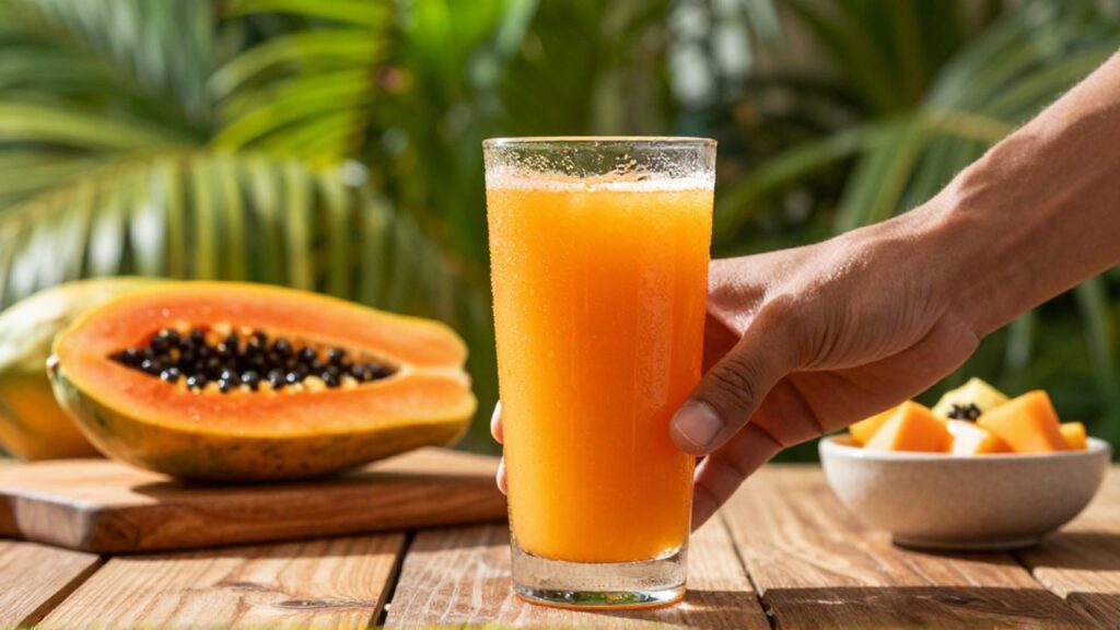 A hand reaches for a chilled glass of orange papaya juice on a sunlit wooden table.
