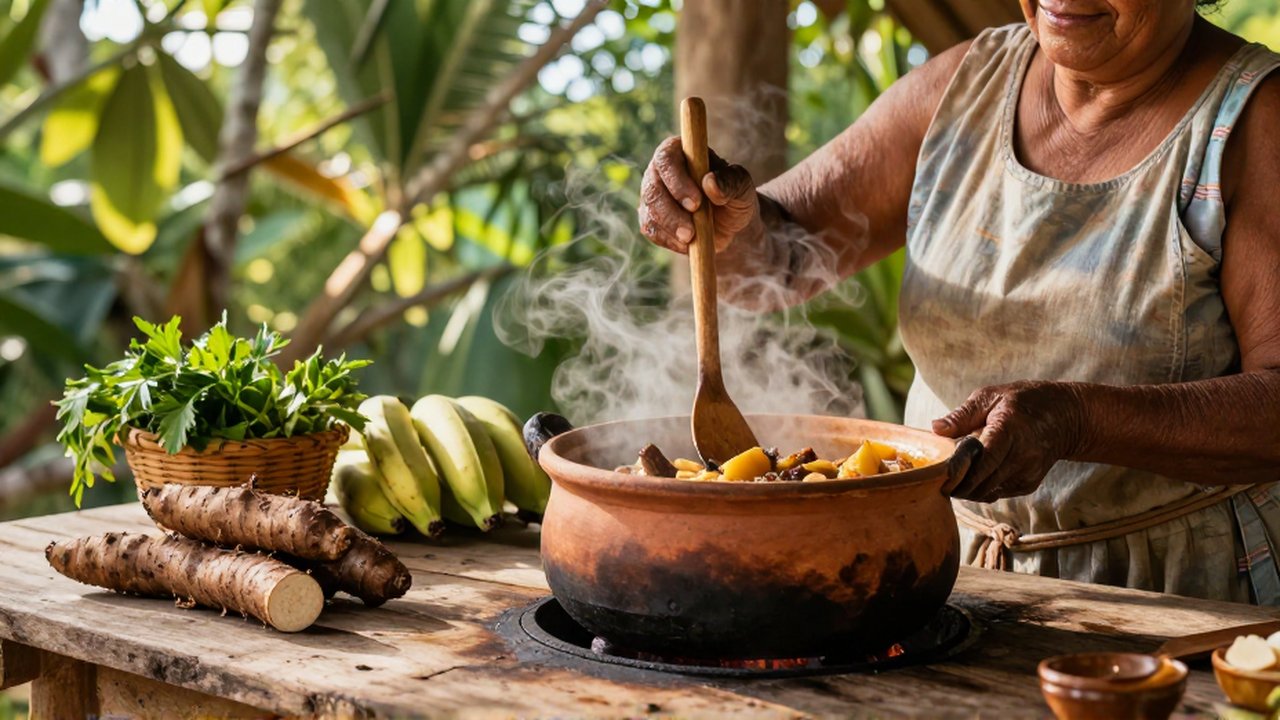A woman stirs a steaming clay pot of stew in a rustic, sun-drenched outdoor kitchen.