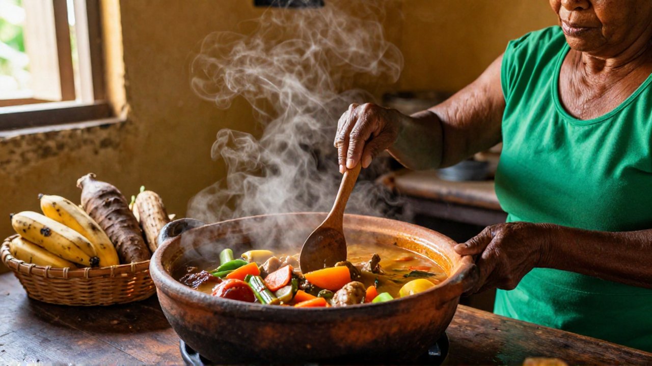 An elderly Afro-Dominican woman stirs a steaming pot of stew in a sunlit, rustic kitchen.