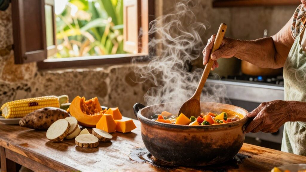 A grandmother stirs a steaming pot of stew in a sun-drenched