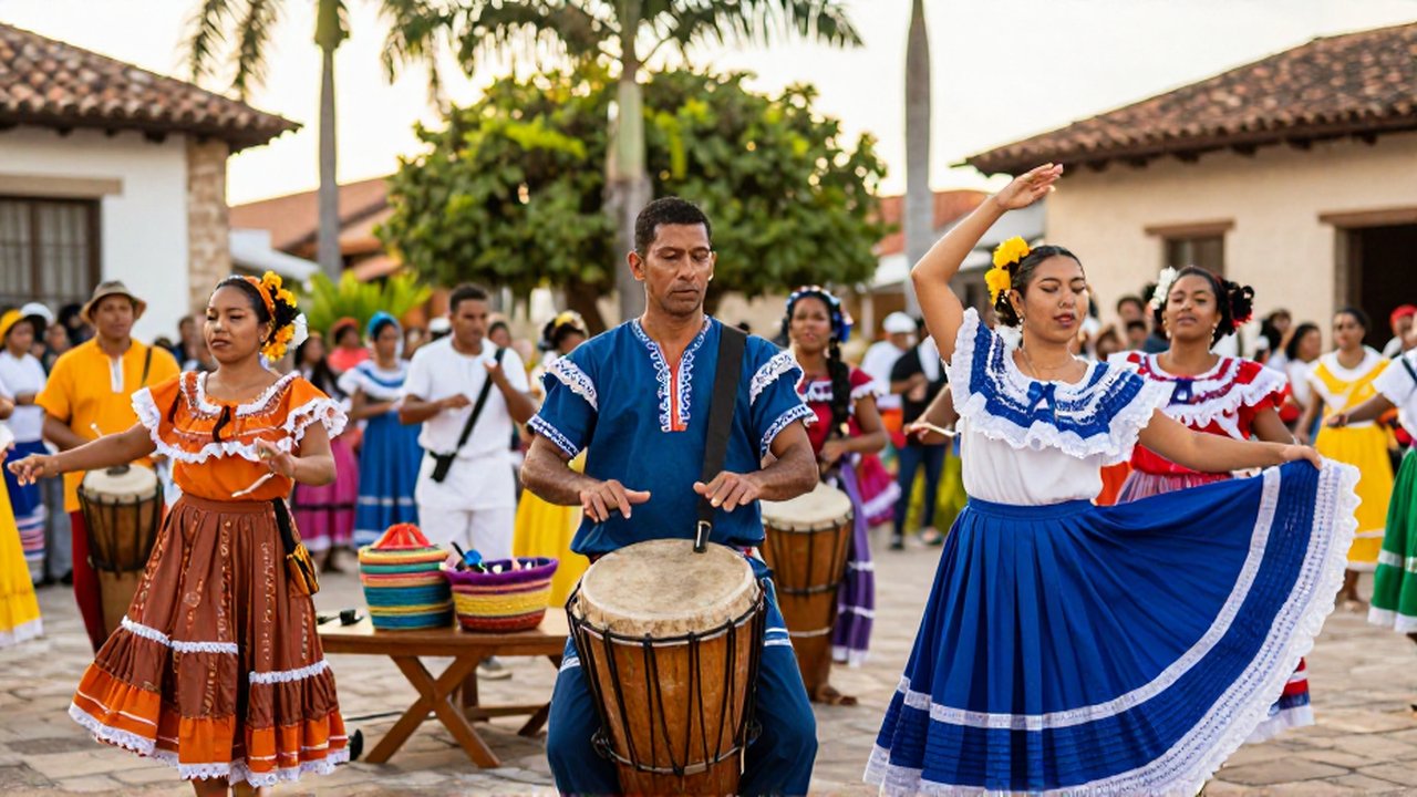 A drummer plays a traditional wooden drum as a woman in vibrant attire dances in a sun-drenched colonial plaza.