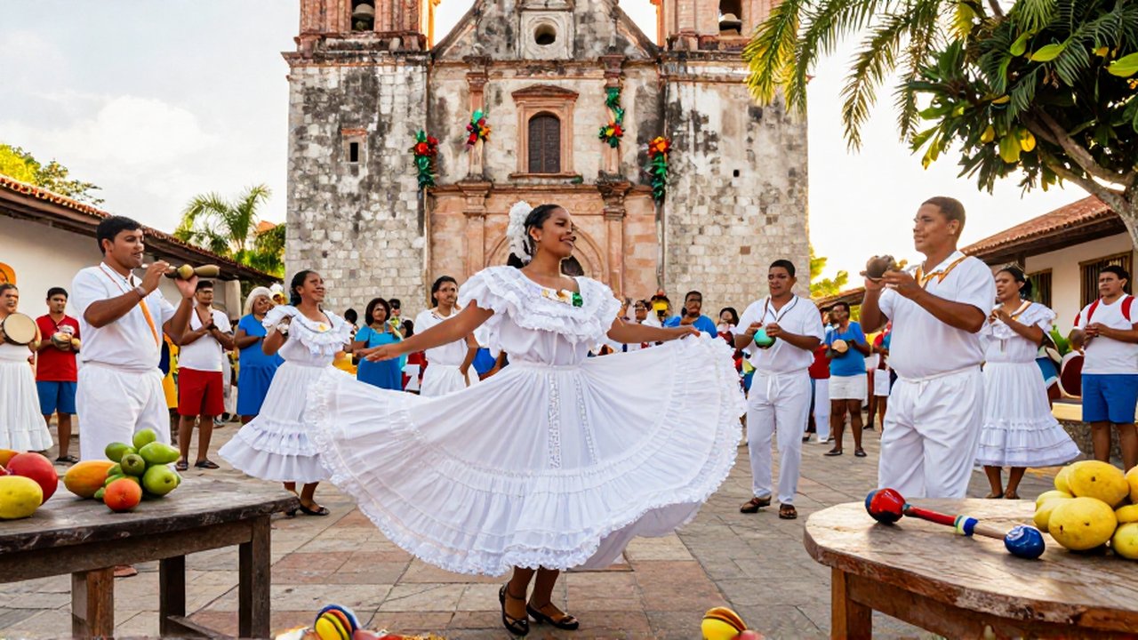 A woman in a white ruffled dress spins during a traditional folk dance in a sunlit colonial plaza.