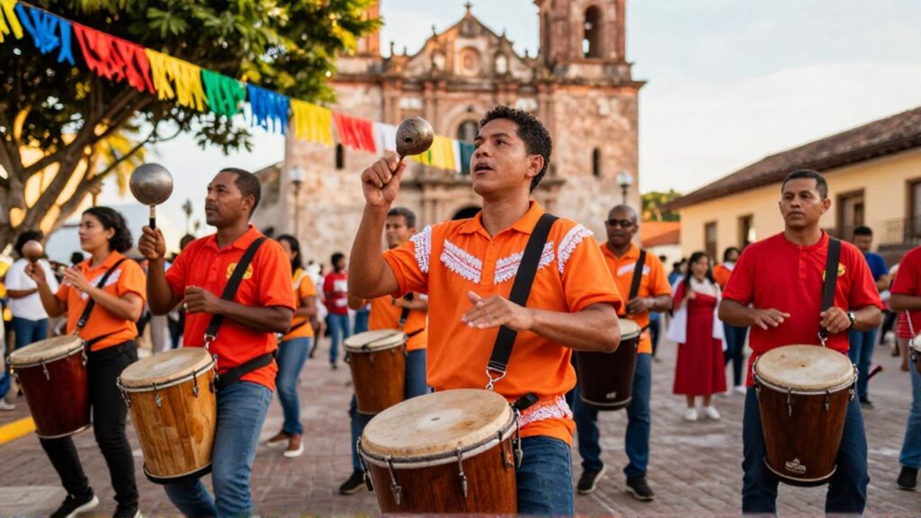Dominican musicians play a tambora and güira during a colorful religious festival in a colonial plaza.