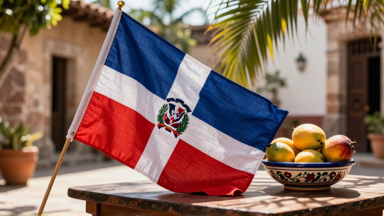 A textured linen Dominican flag drapes over a wooden table next to a bowl of tropical fruit in a sunlit courtyard.