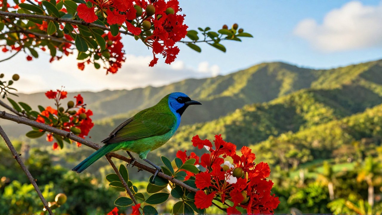 A vibrant Cigua Palmera bird perches on a branch of a blooming red flamboyant tree against lush green mountains.