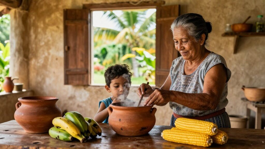 A grandmother teaches a young child to prepare stew in a sun-drenched