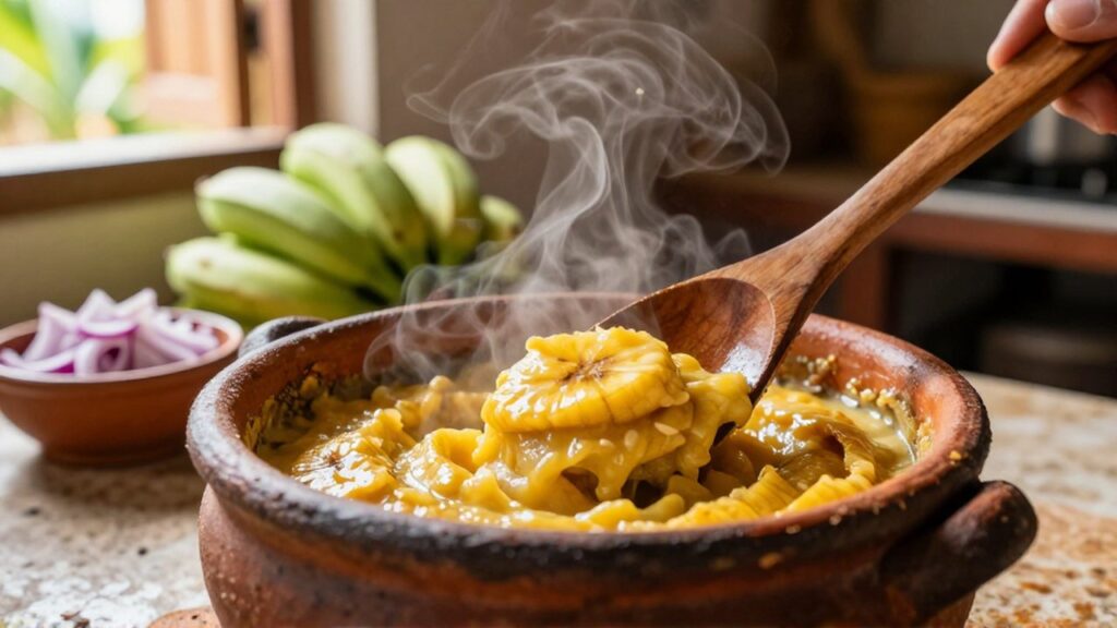 A wooden spoon mashes steaming yellow plantains in a clay pot on a rustic kitchen countertop.