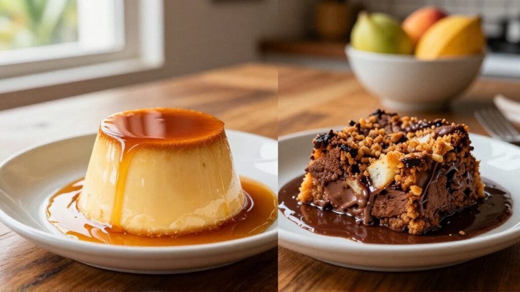 Side-by-side comparison of golden caramel flan and chocolate bread pudding on a wooden table.