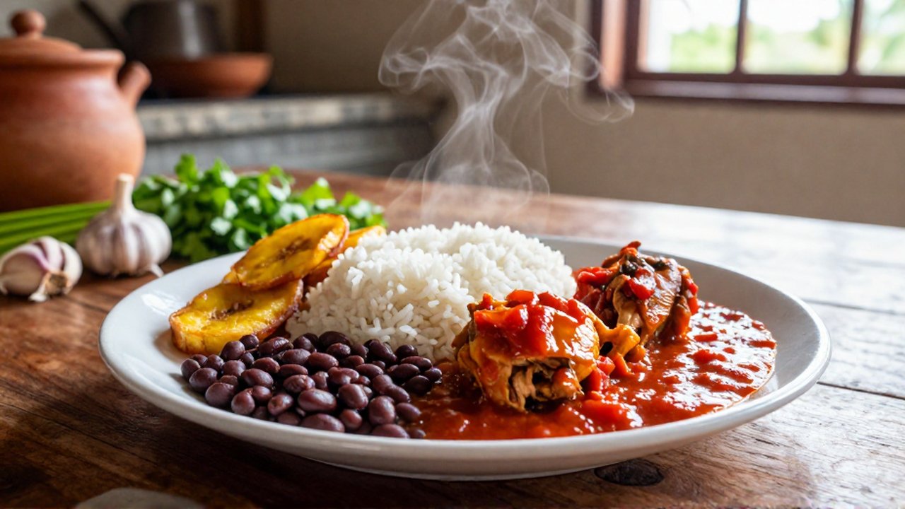 A steaming plate of white rice, red beans, braised chicken, and fried plantains on a wooden table.