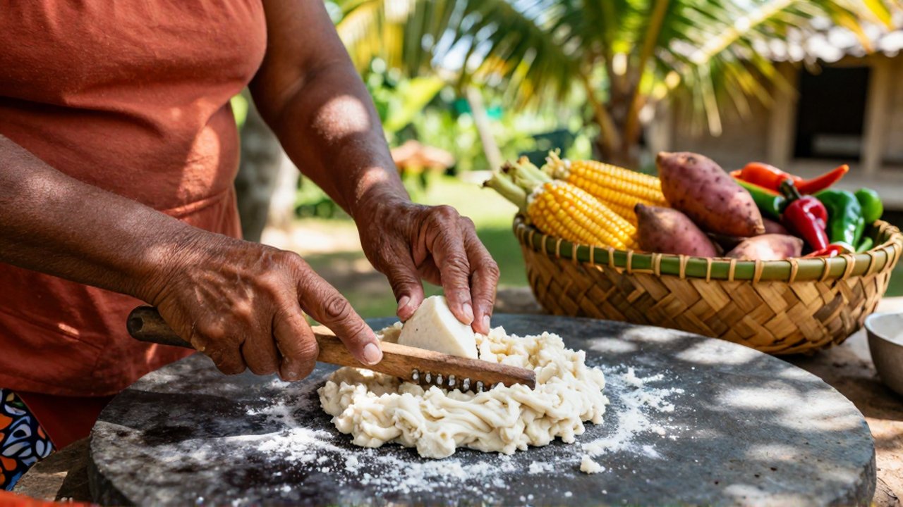 Weathered hands prepare cassava dough on a stone griddle in a sun-drenched tropical courtyard.