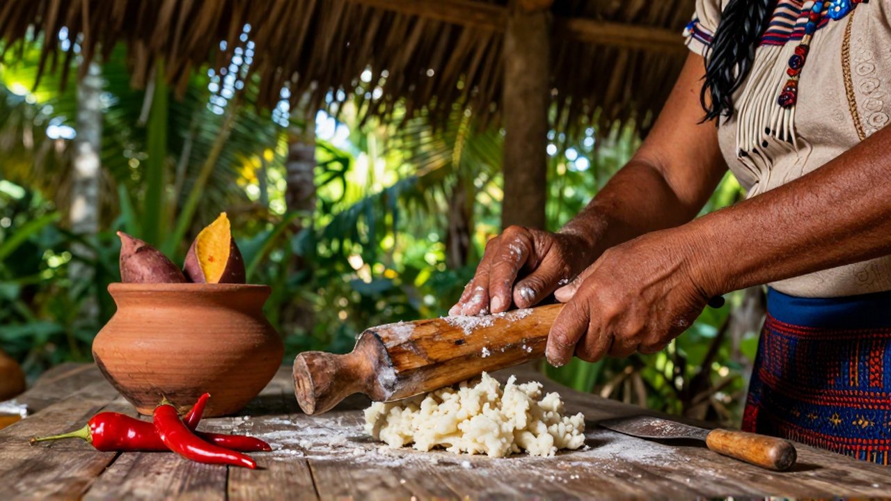 An indigenous woman prepares cassava dough with a wooden grater inside a thatched tropical hut.