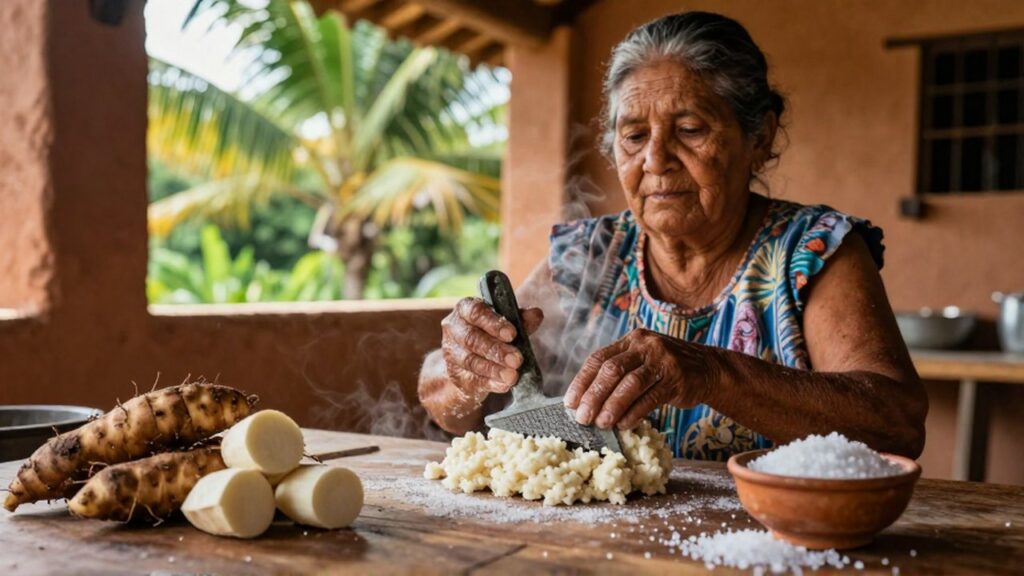 An elderly woman uses a stone grater to prepare cassava dough in a sunlit