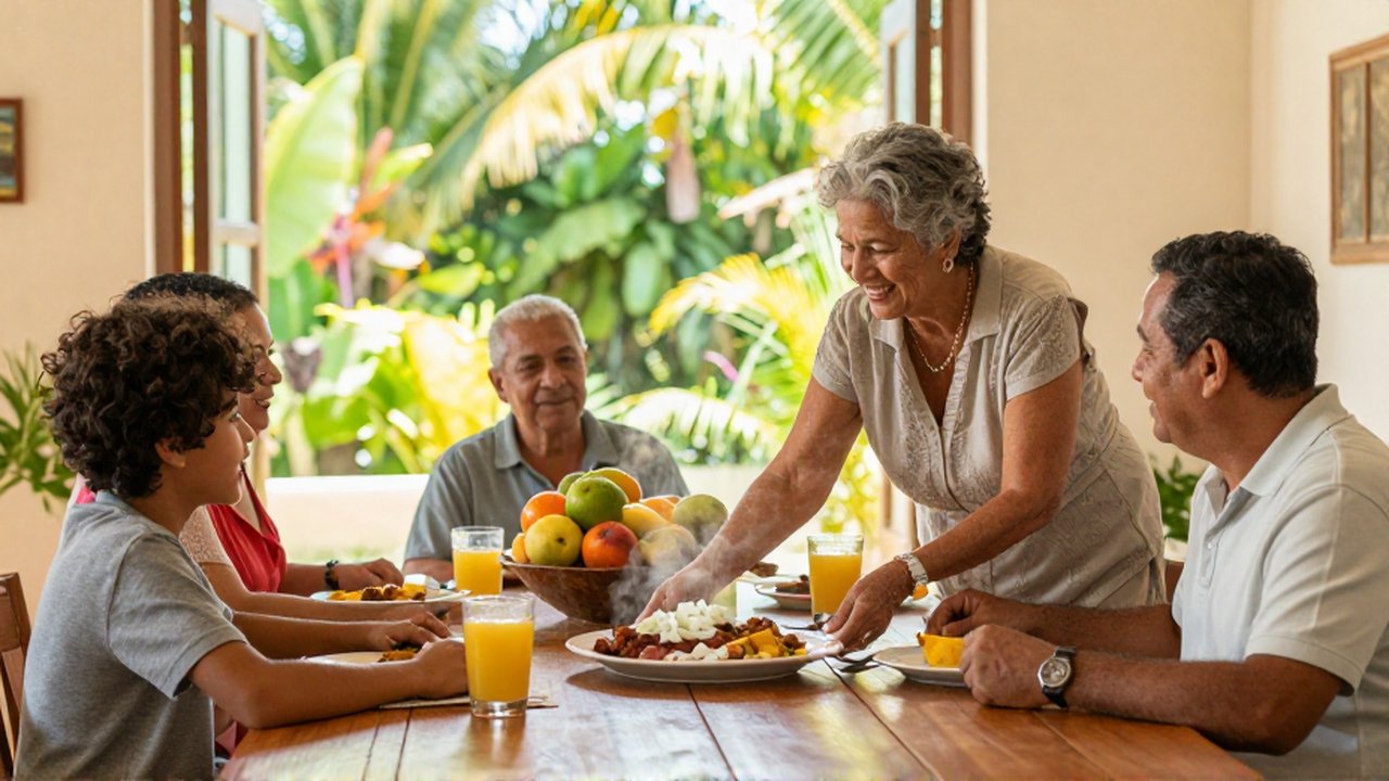 A multi-generational family shares a traditional Dominican lunch in a sun-drenched, tropical dining room.
