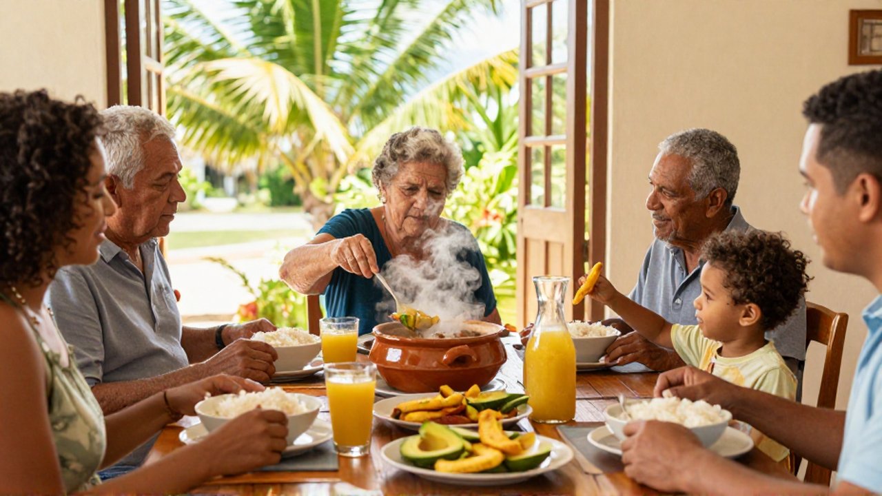 An elderly woman ladles stew from a ceramic pot for her family at a sunlit dining table.
