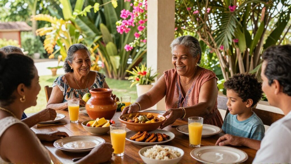 A grandmother laughs while serving stew to her grandson during a family meal on a sun-drenched patio.