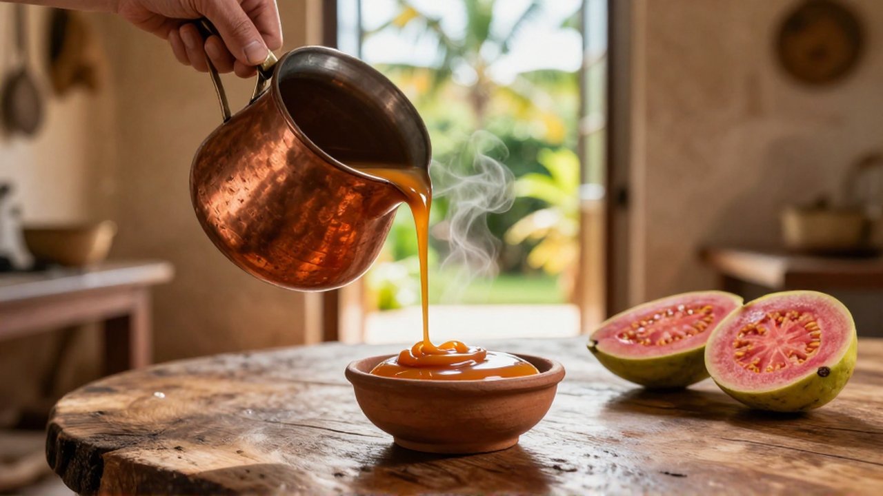 Thick, glossy dulce de leche is poured from a copper pot into a clay bowl next to sliced guava.