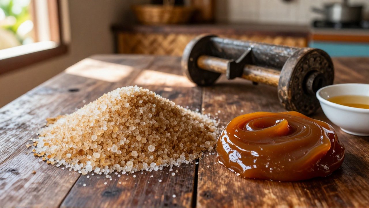 Heap of raw cane sugar and glazed dulce de leche sit near syrup on a wooden table.