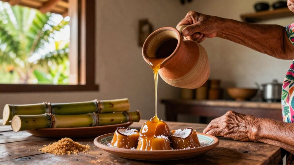 An elderly woman pours golden cane syrup from a clay pitcher over traditional coconut sweets.