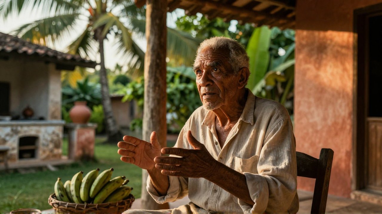 A weathered Dominican elder gestures expressively while sitting on a rustic wooden porch.