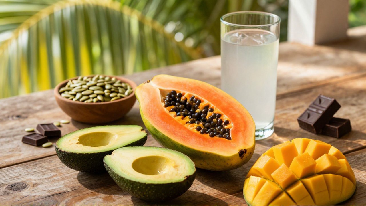 Sliced papaya, avocado, and mango rest on a wooden table near pumpkin seeds and coconut water.