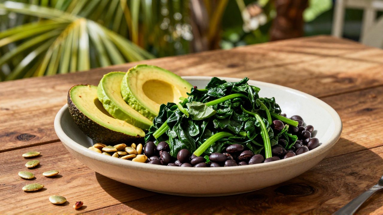 A ceramic bowl of sautéed spinach and black beans sits with sliced avocado and pumpkin seeds on a wooden table.