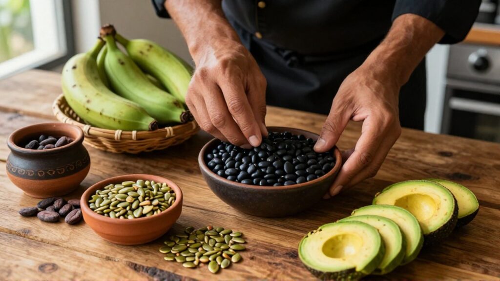 A chef arranges black beans