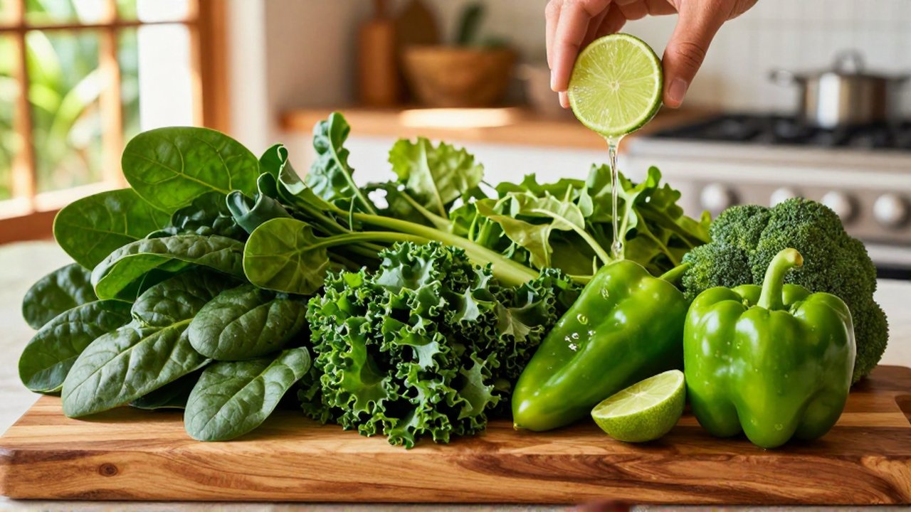 A hand drizzles lime juice over an assortment of fresh spinach, kale, and green vegetables on a wooden board.