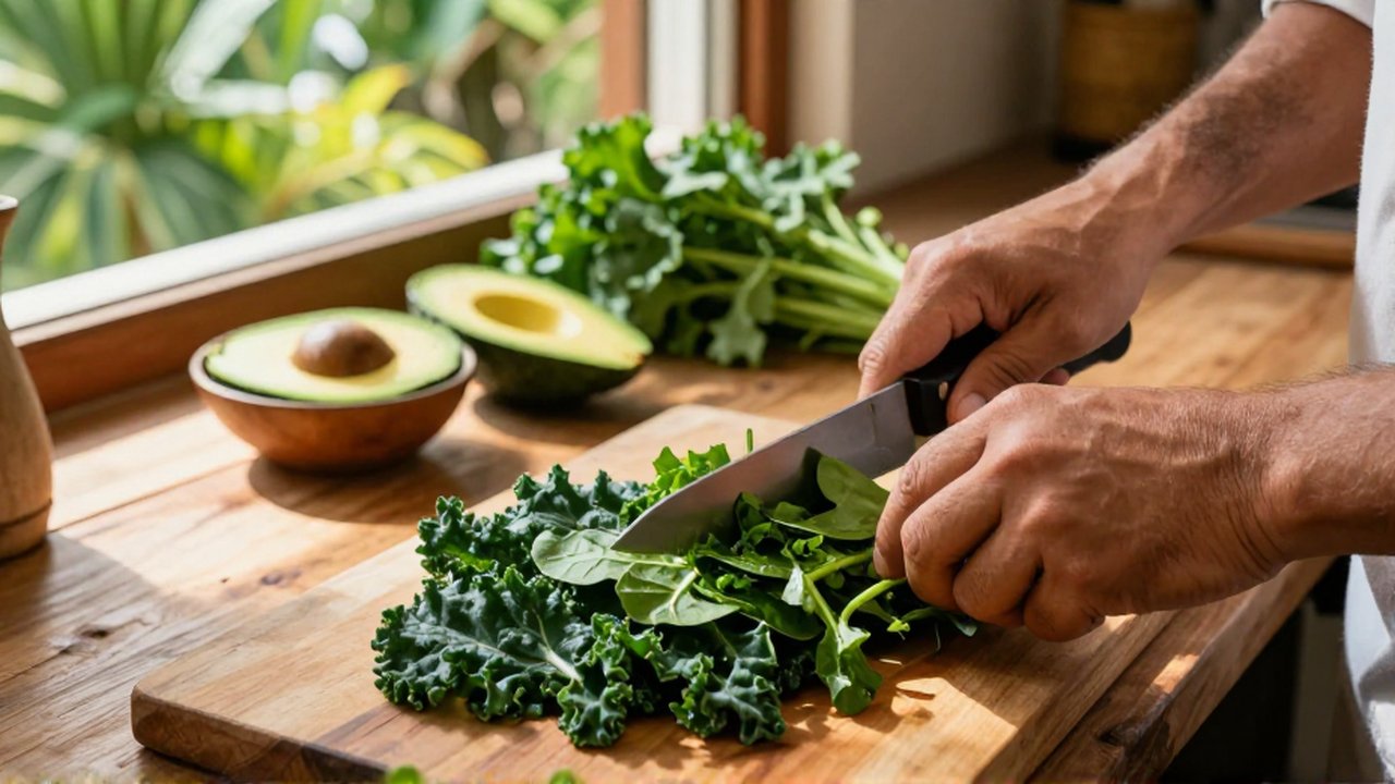 Hands slice fresh spinach and kale on a wooden counter near sliced avocado and herbs.