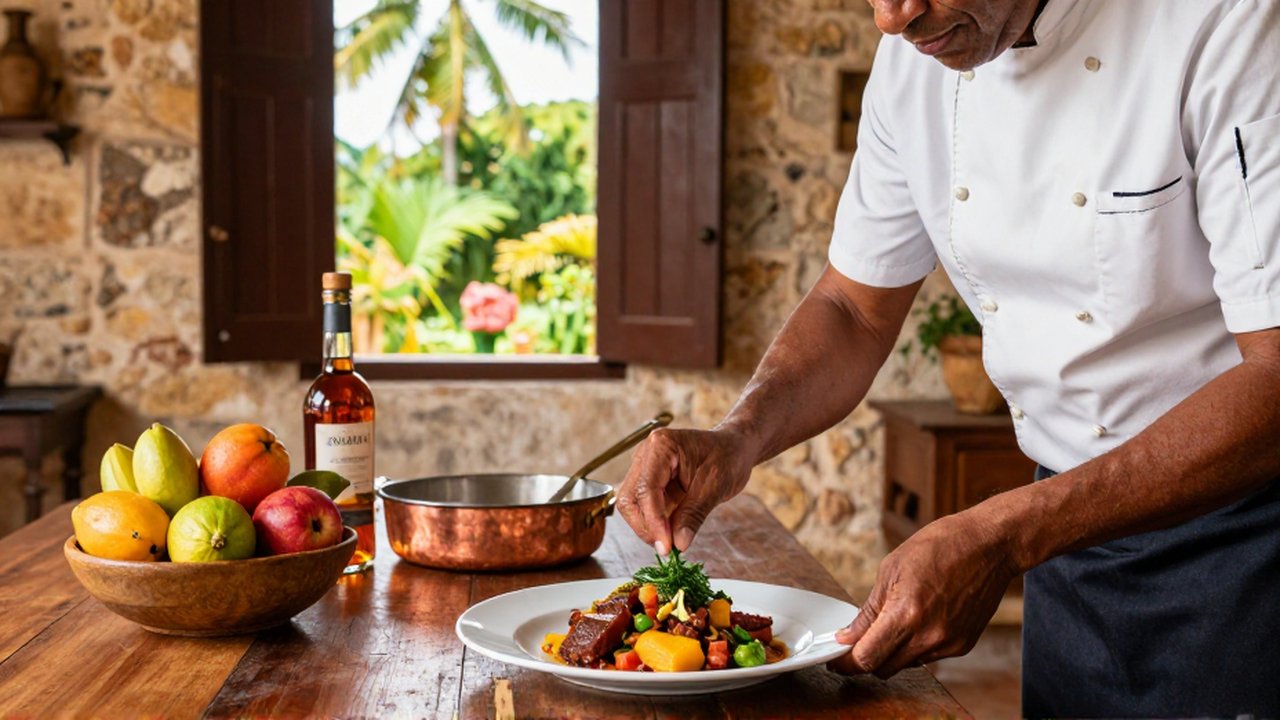 A chef meticulously garnishes a refined stew in a sun-drenched, rustic kitchen overlooking a tropical garden.