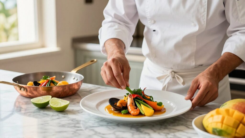 A chef in a linen apron carefully garnishes a seafood dish in a bright
