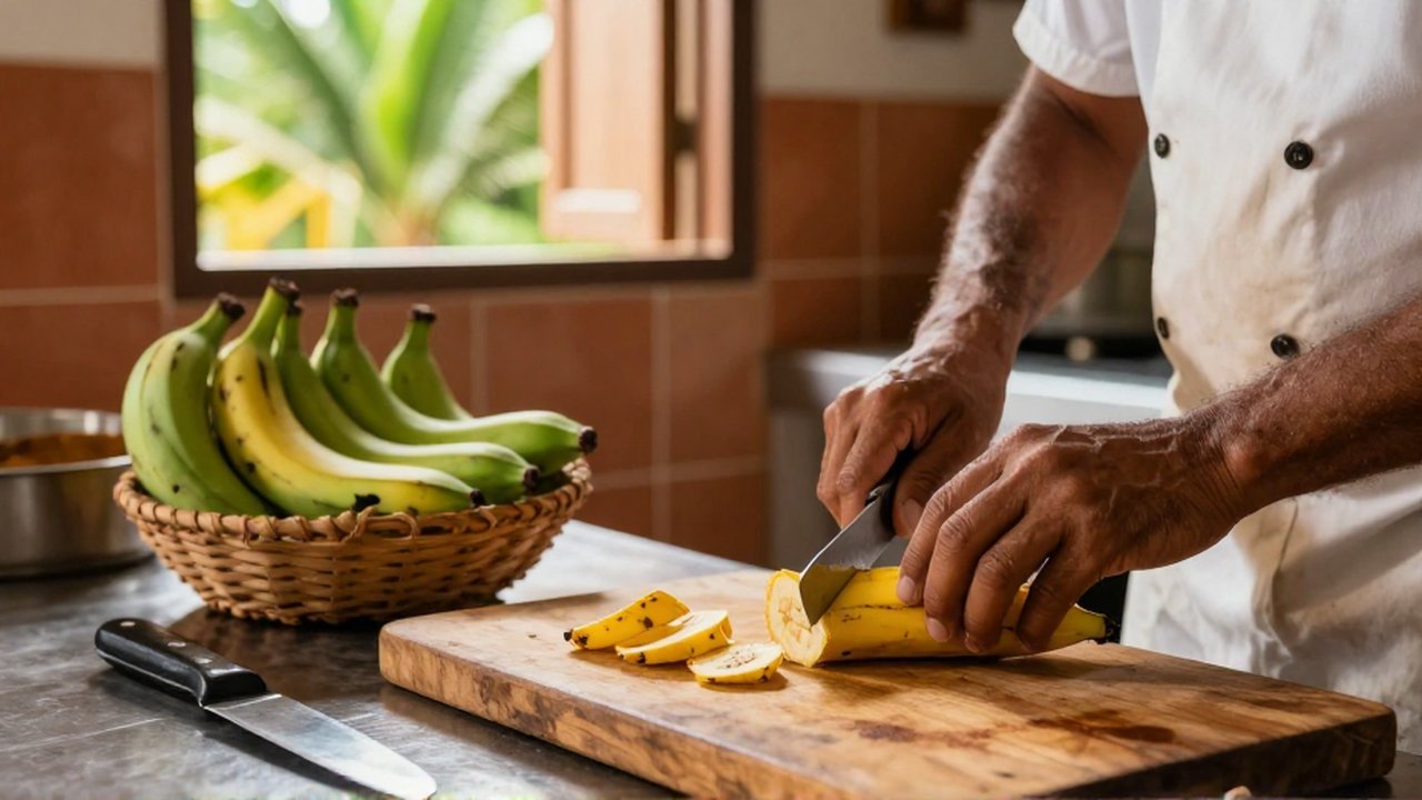 A cook slices a ripe yellow plantain on a wooden board in a sunlit, rustic kitchen.