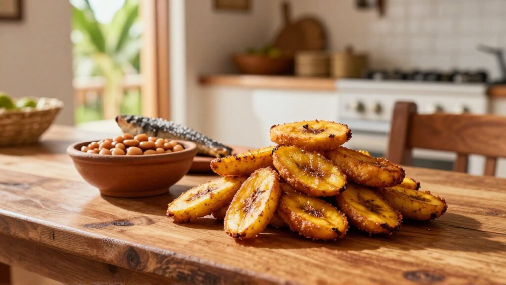 Golden fried ripe plantains served with seasoned beans and dried fish on a wooden table.
