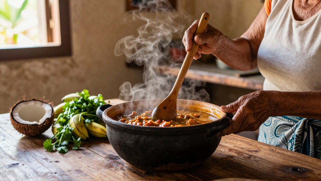 An elderly woman stirs a steaming pot of stew in a sunlit, rustic kitchen.