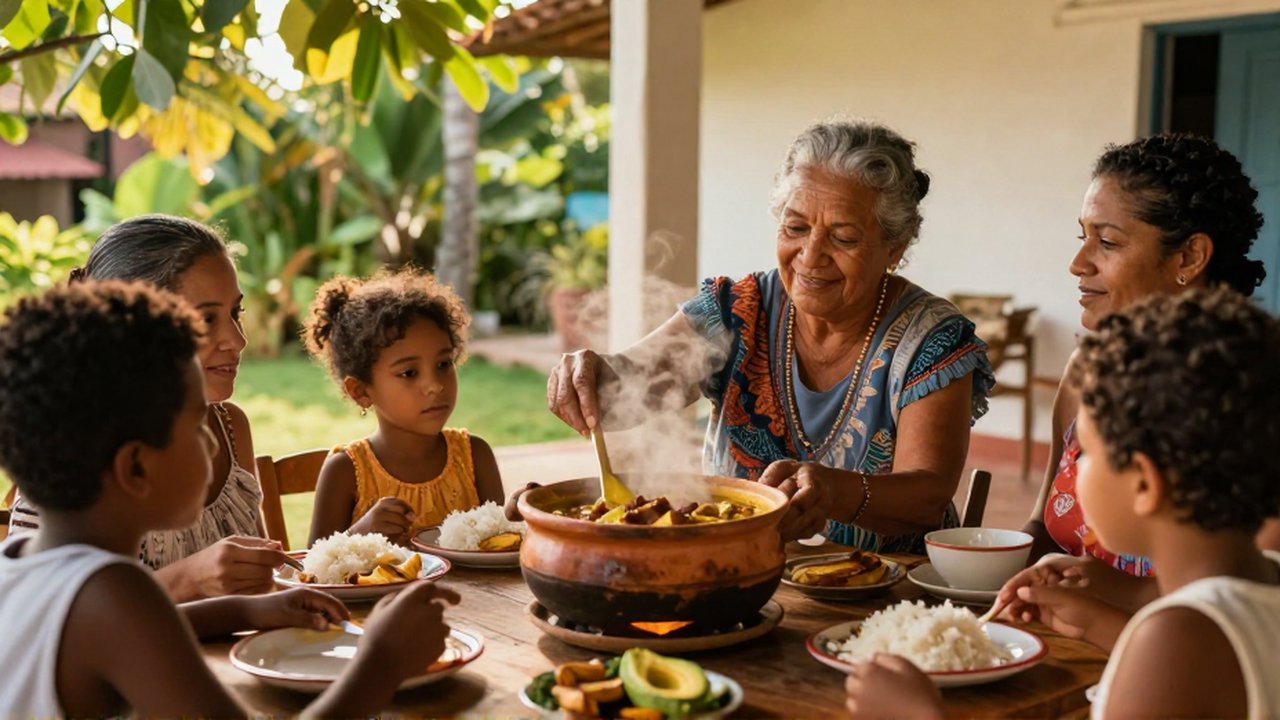 An elderly woman ladles stew from a clay pot for her family at a wooden table.