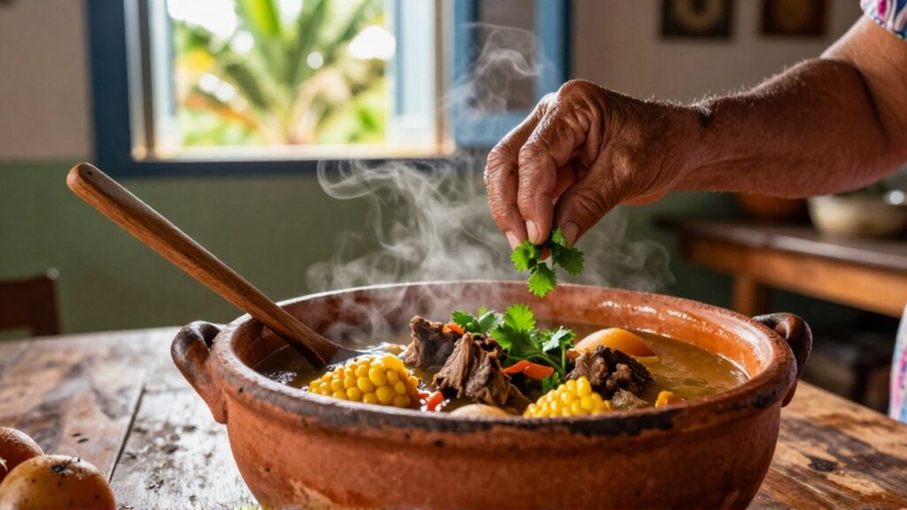 An elderly woman's hands garnish a steaming pot of meat and vegetable stew in a sunlit kitchen.