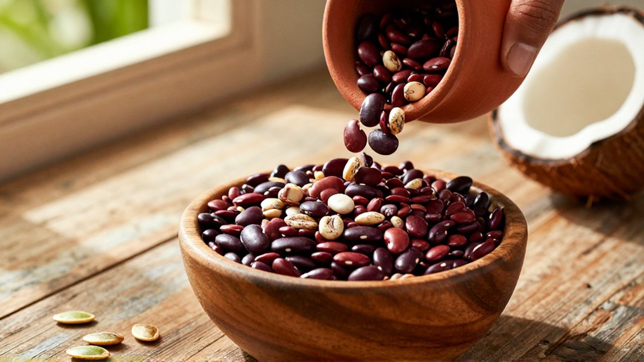 Dried kidney beans, red lentils, and pigeon peas pour from a clay vessel into a wooden bowl on a rustic table.