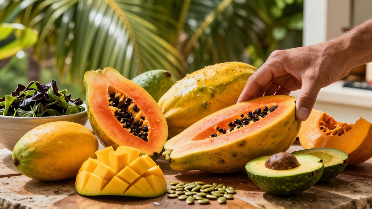 A hand slices a ripe papaya on a wooden table filled with mangoes, avocado, and leafy greens.